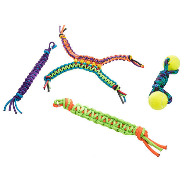 Four colourful rope dog toys